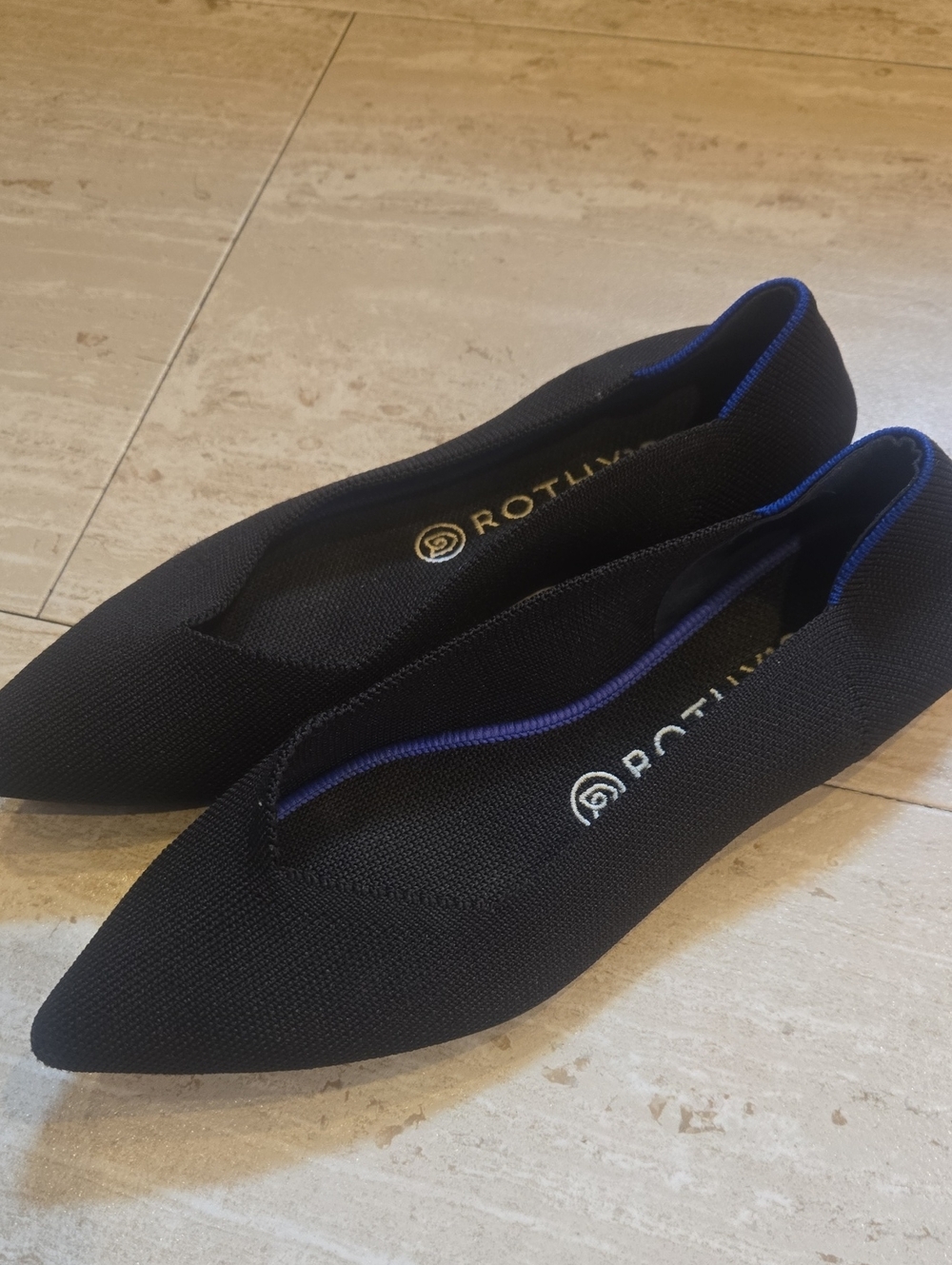 Rothy's Black Pointed Knit Flats with Blue Trim